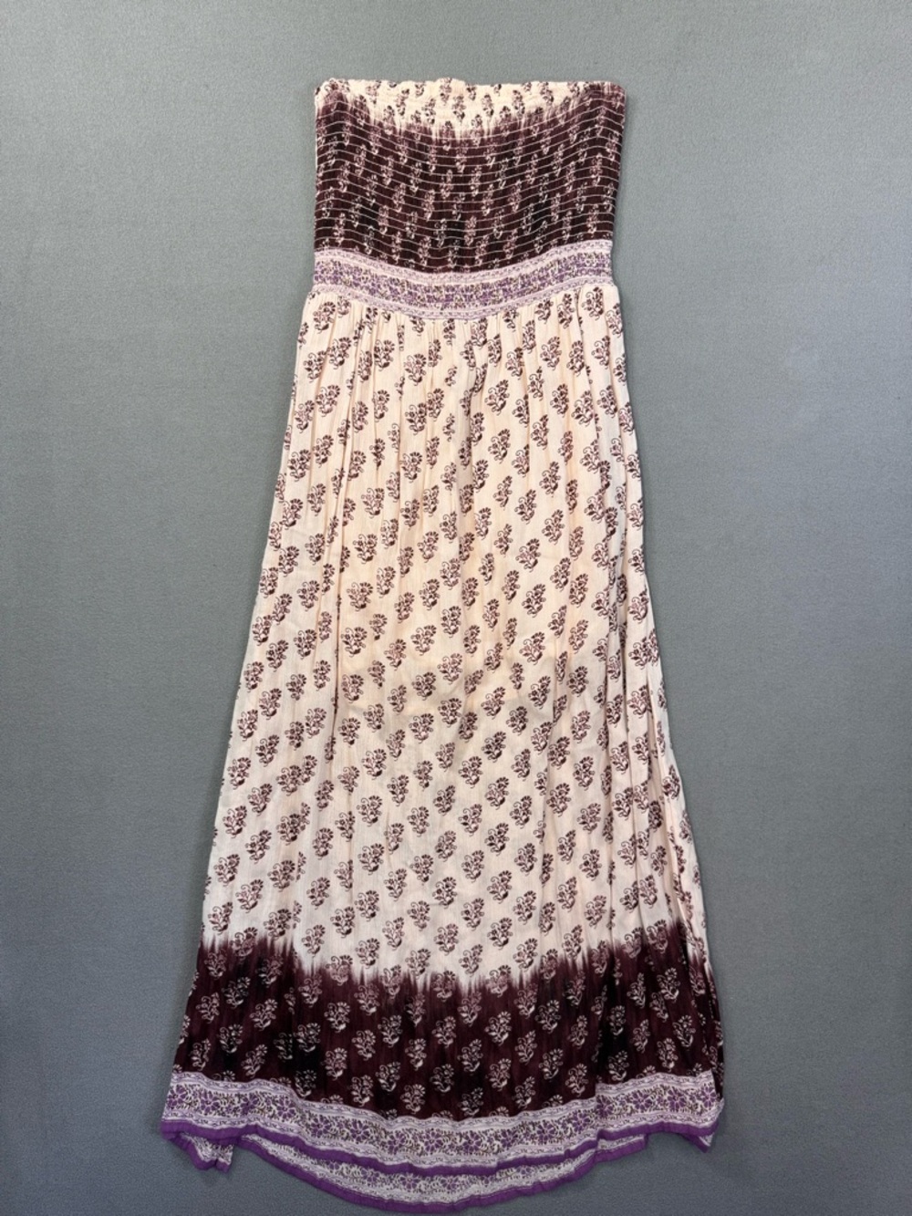 Millenium Y2K Vintage Strapless Boho Midi Maxi Dress in Cream and Plum, S